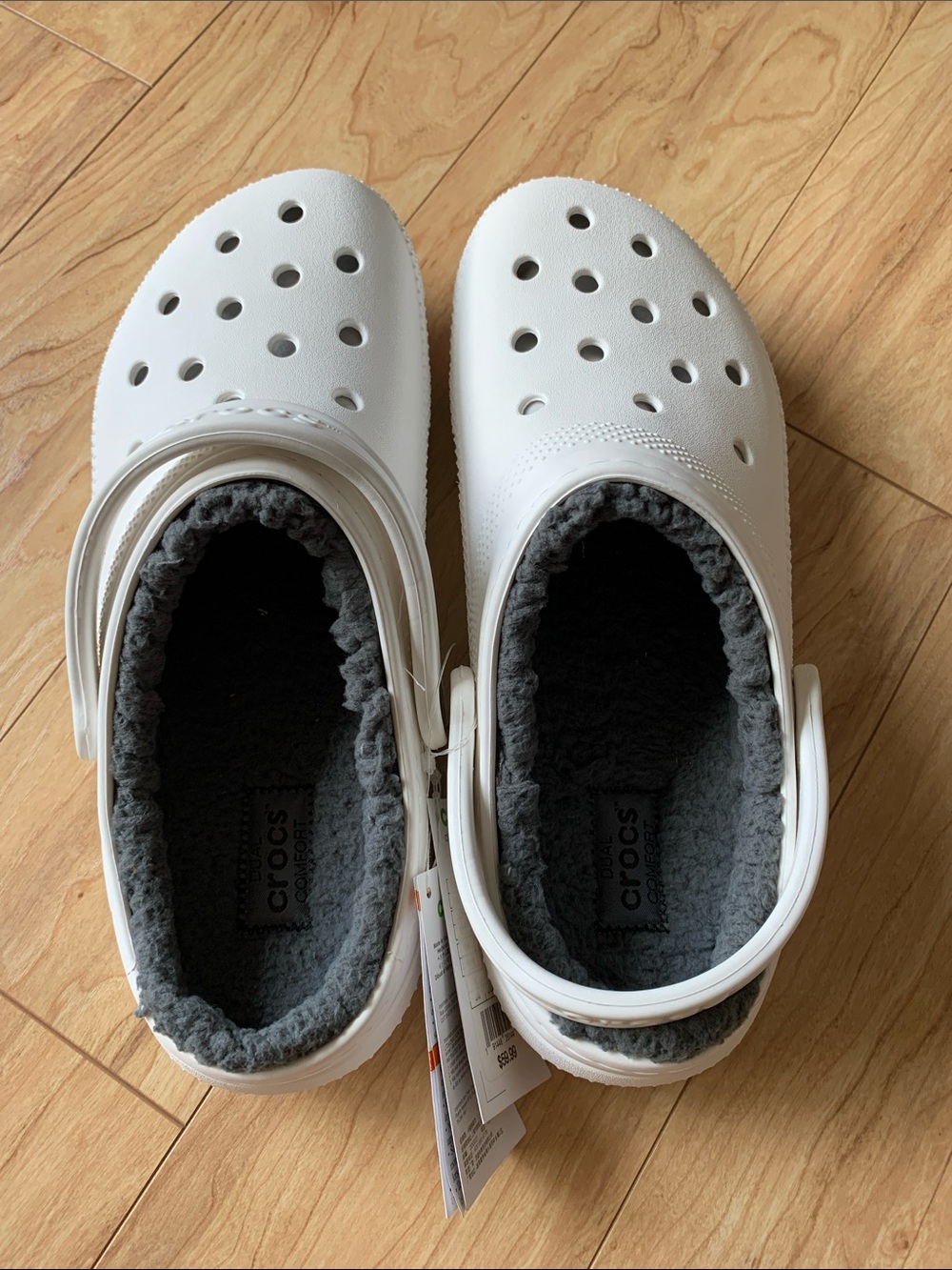 CROCS Classic White Clog with Gray Fleece Lining unisex